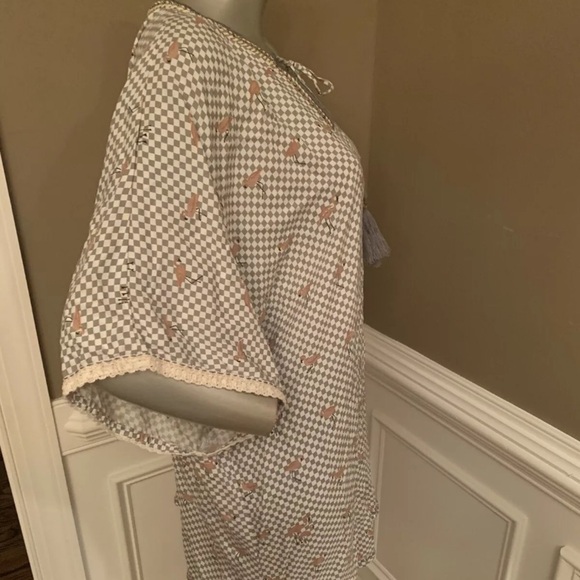 NWT SKEMO Bohemian Tunic Cover Flamingo Checker Pattern Sz M Grey - Picture 2 of 4